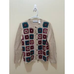 Granny Square Crochet Sweater Cardigan Buttoned Sz Petite Small Alfred Dunner